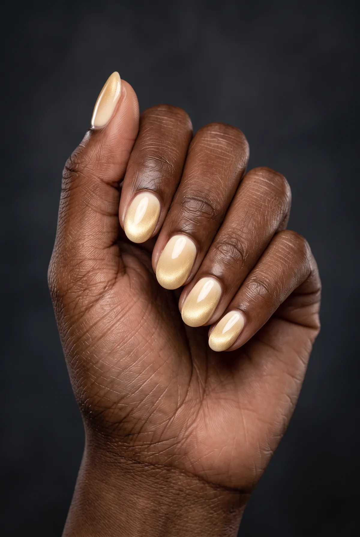 Champagne Drift — round cat eye nails with ivory gel base, sweep a soft gold magnetic top coat gently across, keep nails rounded, glossy finish