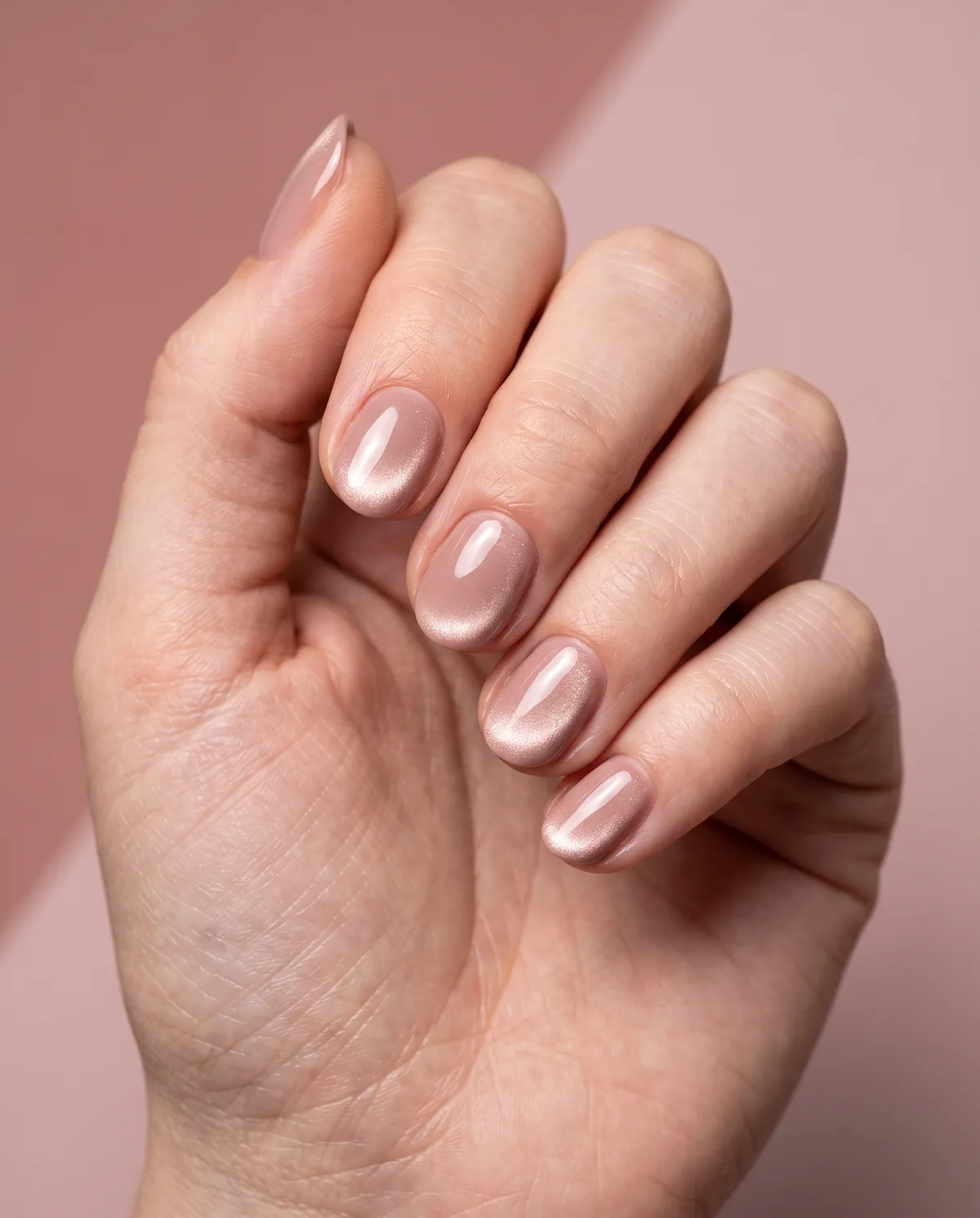 Rosé Whisper — round cat eye nails with rosy taupe gel base with a light champagne magnetic swipe, keep the line soft and centered, round shape