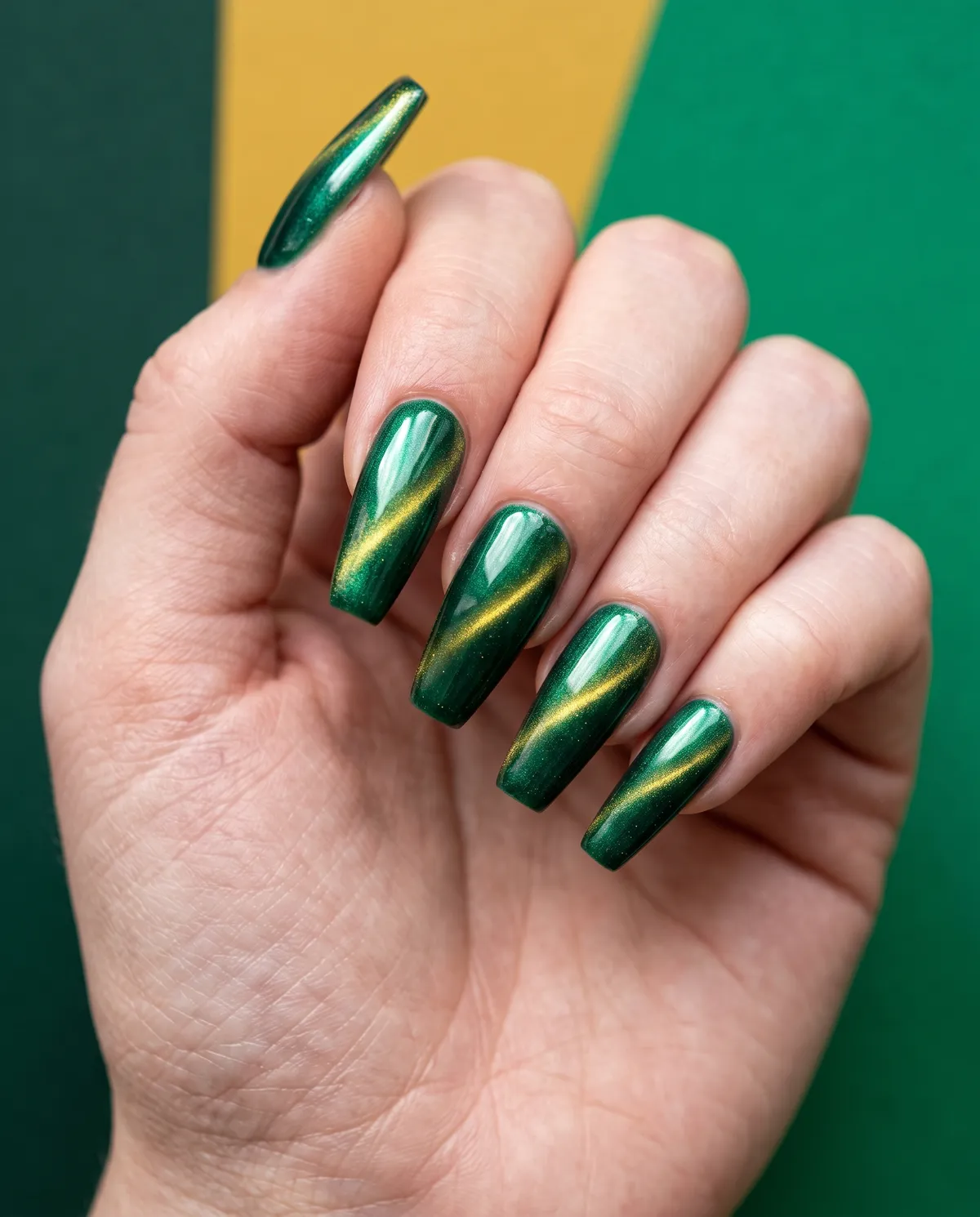 Emerald Gold Cat-Eye — coffin christmas nails with use an emerald-green cat-eye gel with a gold magnetic sweep on long coffin nails