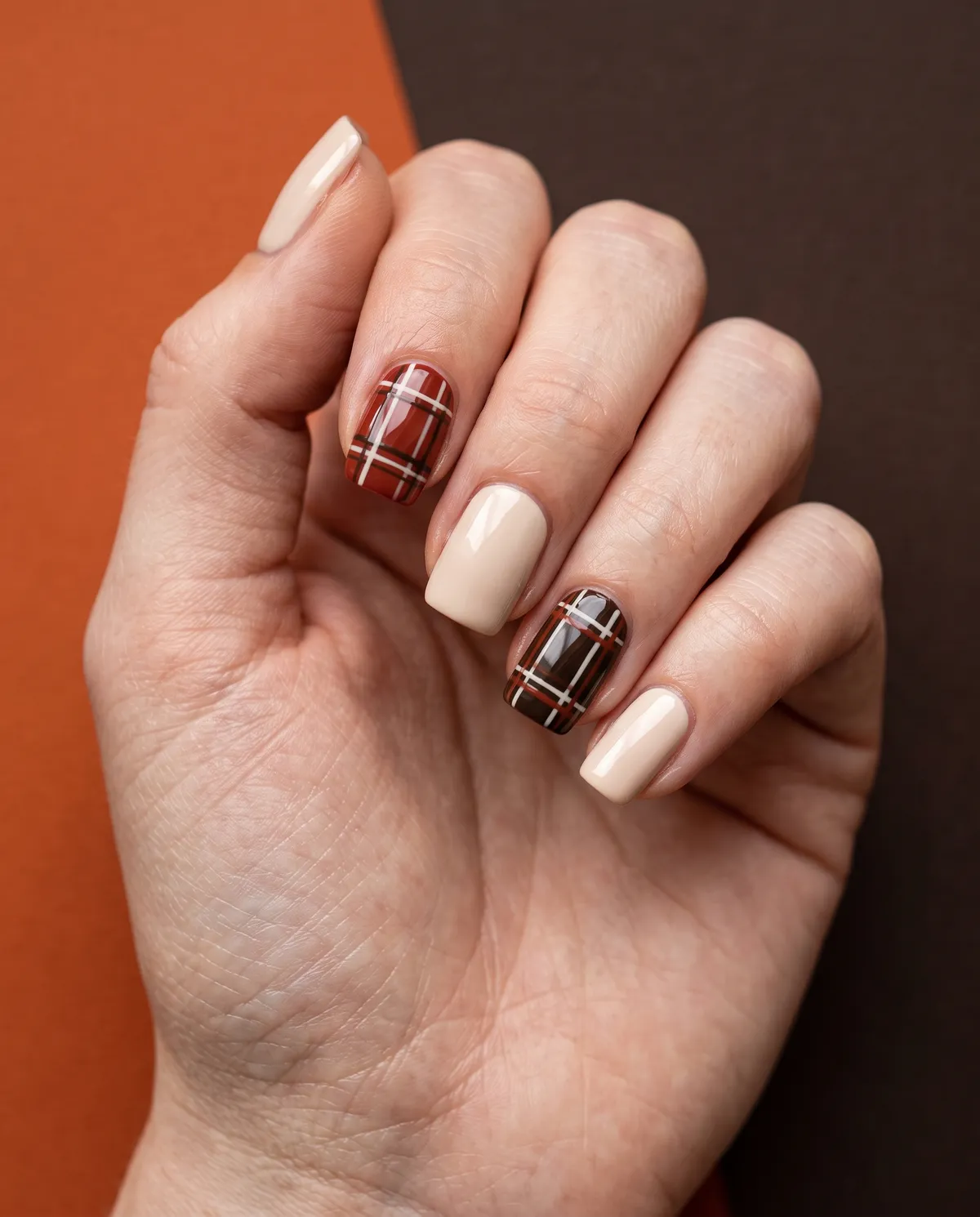 Cabin Plaid Accent — square fall nails with neutral crème set with plaid art on two accent nails in brick red and espresso, fine lines