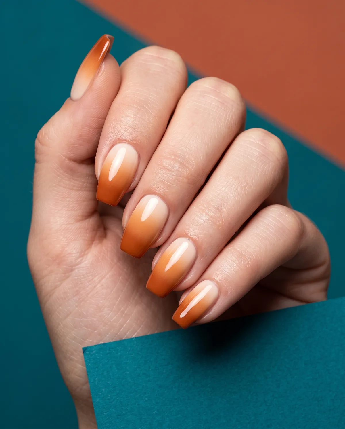Pumpkin Spice Ombré — coffin fall nails with three-tone ombré from cream to caramel to burnt pumpkin, soft blend, short coffin