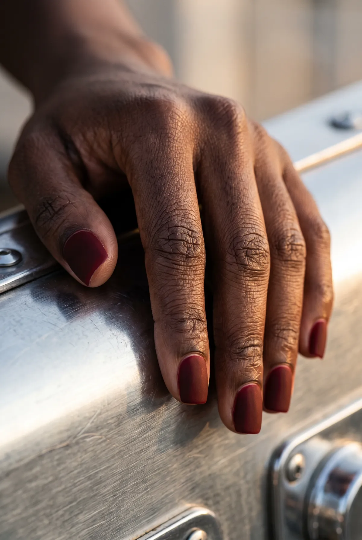 Oxblood Matte — square red nails with deep oxblood red on square nails finished completely matte, no shine at all