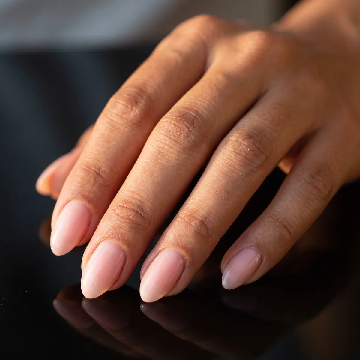 Ballet Hour — almond short almond nails with sheer ballet pink, two thin coats, short almond, very glossy top coat