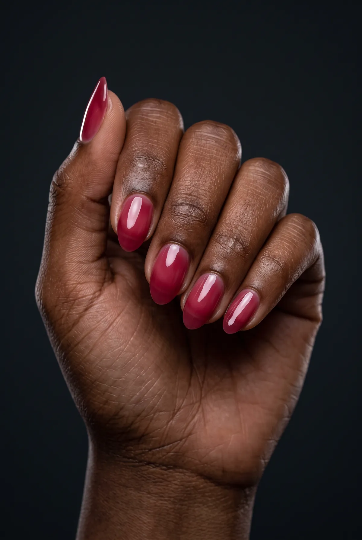 Berry Stain — almond short almond nails with sheer berry "stain" look — raspberry jelly polish, two coats, short almond, glossy