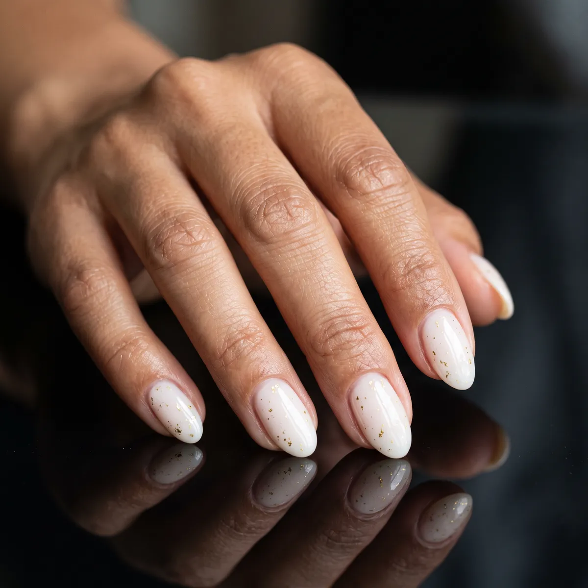 Milk & Honey — almond short almond nails with milky white base with tiny gold foil flecks placed sparingly, short almond, gloss
