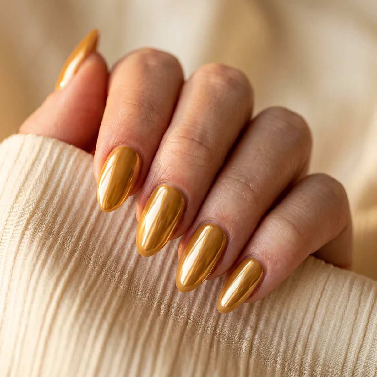 Butterscotch Glow — almond thanksgiving nails with chrome powder application in warm butterscotch gold over a matching base, almond shape…