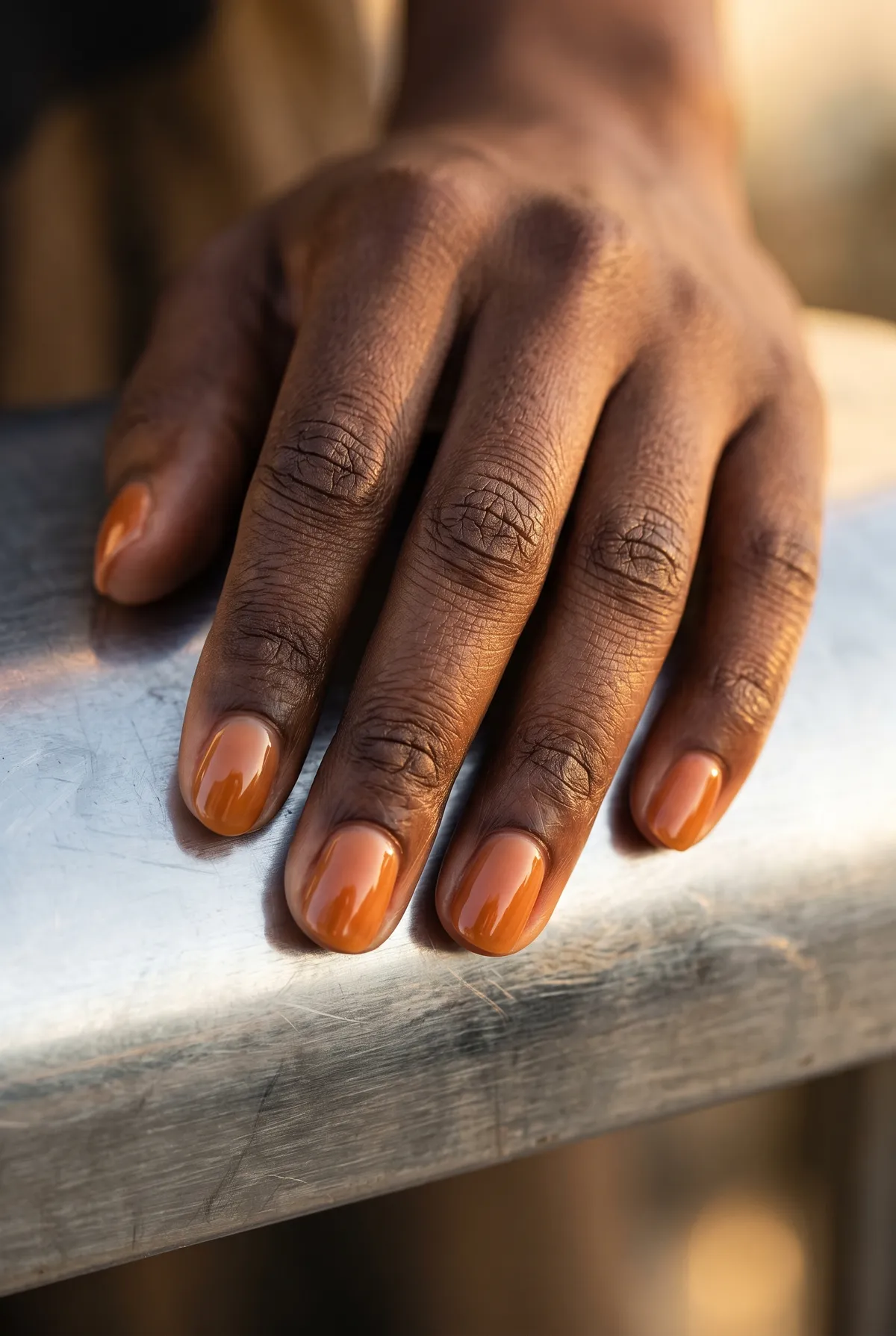 Cider Stain — round thanksgiving nails with short round nails, glazed amber-cider polish in one sheer-to-medium coat, high-gloss top coat
