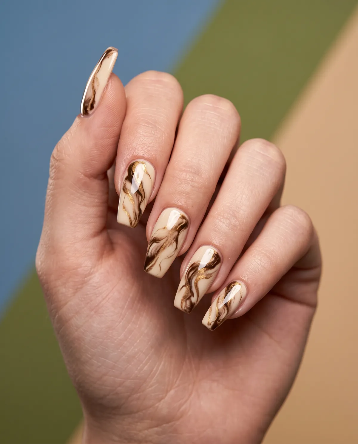 Maple Bark — coffin thanksgiving nails with cream base, marble effect in dark brown and gold, coffin shape, glossy finish