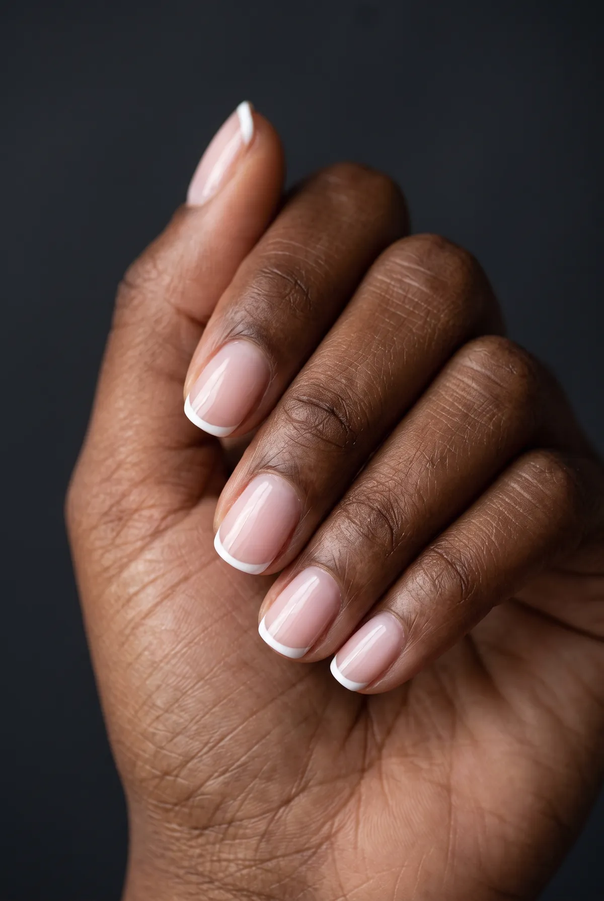 The Micro French — round french nails with micro french: very thin white tip on a sheer milky pink base, natural round shape, glossy