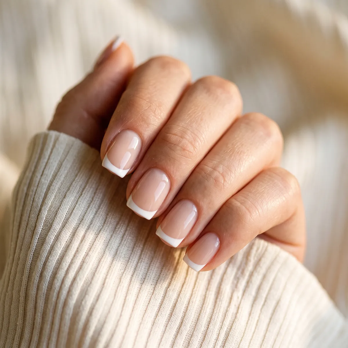 Short Square French — square french nails with classic white french on short square nails, crisp straight smile line, high gloss