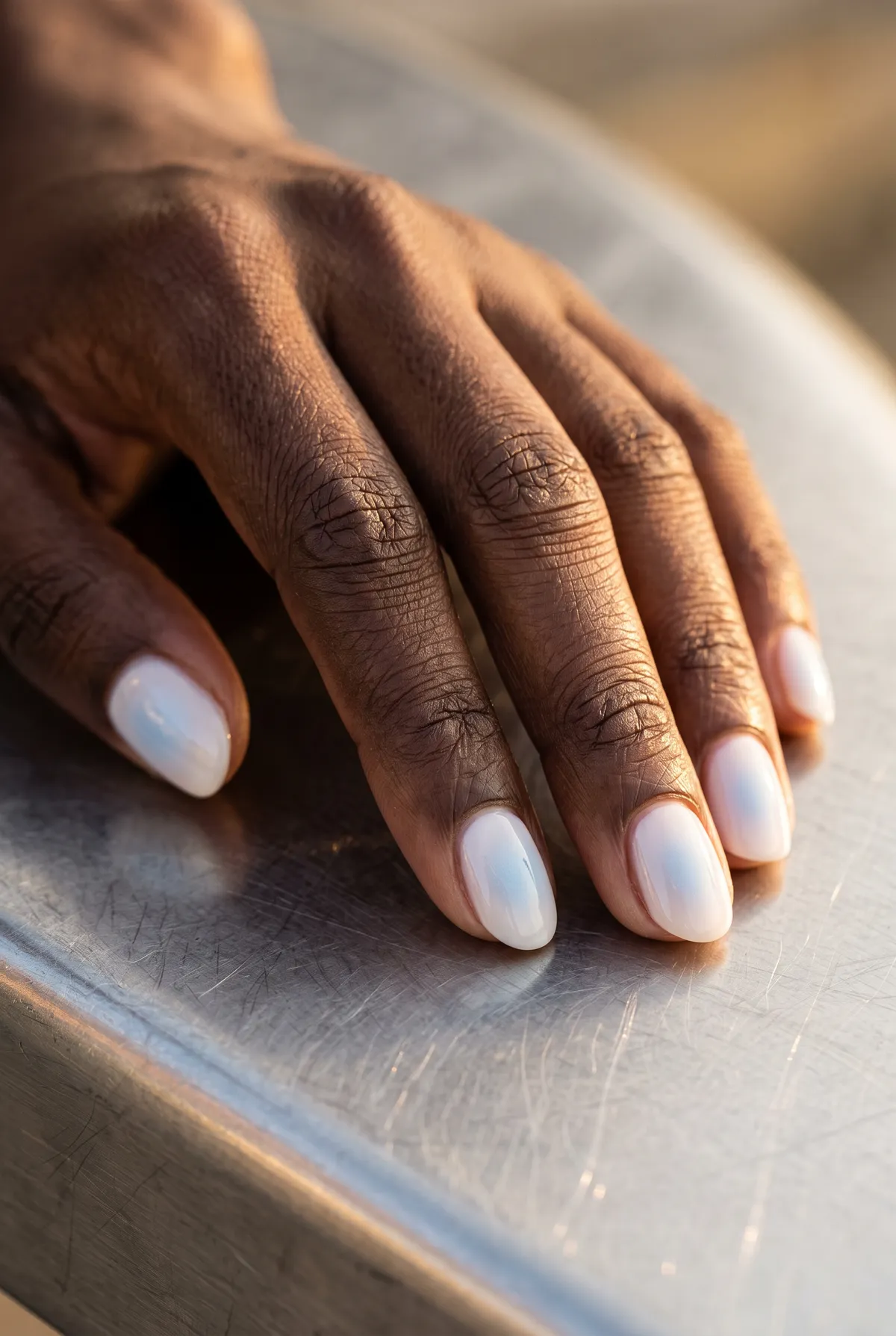 Winter White Aura — round winter nails with round shape, sheer white base, airbrush a soft blue-white aura bloom at the center of each nail…